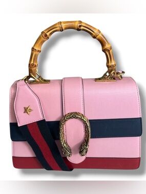 Gucci Dionysus Bamboo Medium Top Handle Pink Leather Bag Sylvie Web Strap Italy
